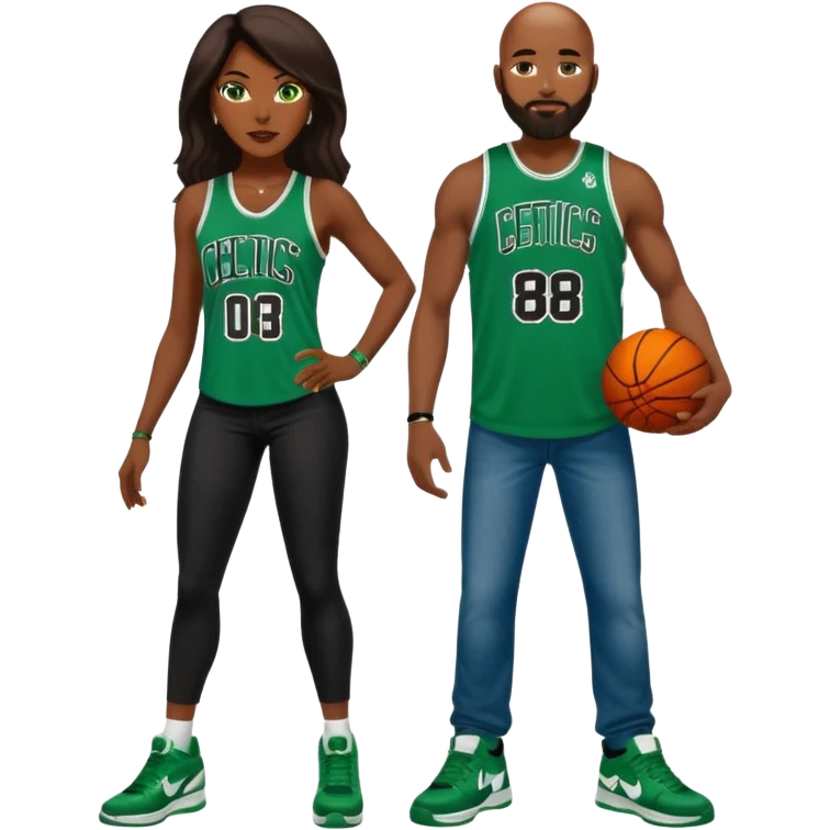 48-year-old dark skin black woman with brown eyes, long dark brown hair dressed in sexy 
celtics jersey outfit, wearing stilettos. A white bald White man with orange beard facial hair and has blue/green eyes, wearing a Jason Tatum Boston Celtics Jersey jeans & green Nike sneakers  emoji