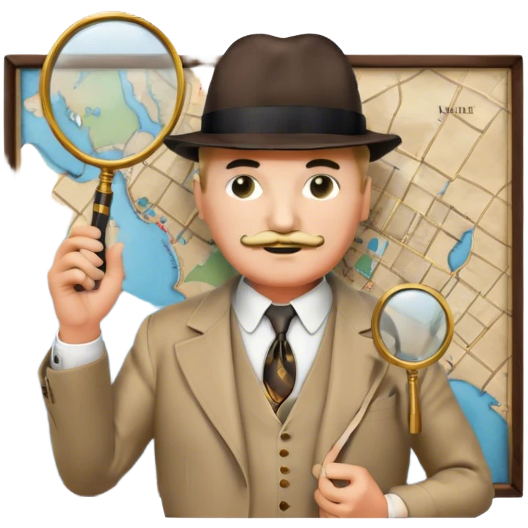A cinematic-style frame showing Hercule Poirot in his iconic suit with a magnifying glass in a dramatic detective pose. Background should be mysterious city, map, a board with photos of suspects, clues like fingerprints. Transparent background. emoji