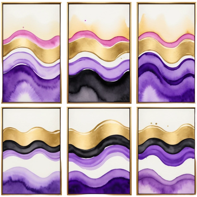 Black, white, gold, purple, abstract Watercolor paintings on three canvases next to each other  emoji