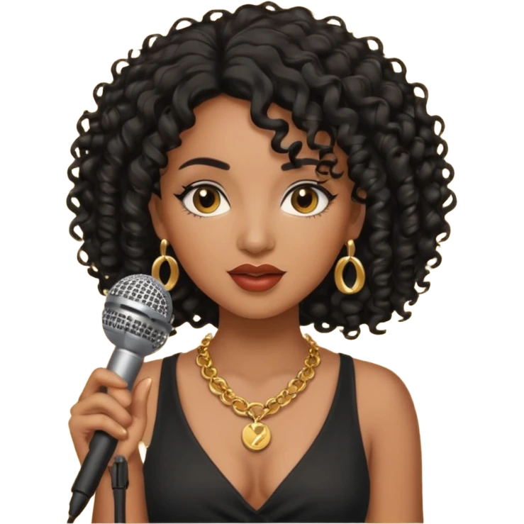 brown skin woman, curly black hair, singer, hold micro emoji