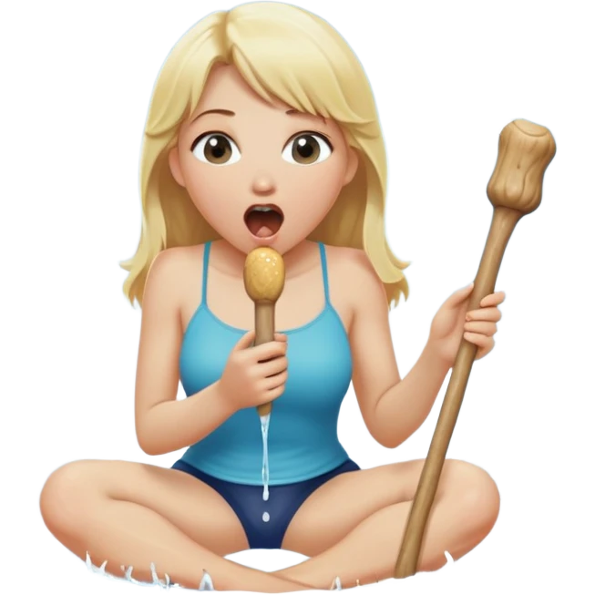 blond woman sitting on her knees, eating a wide stick with a half-round D-shaped knob, both the stick and knob are the same color as her skin, the knob has visible skin texture, water stream squirting from the flat side of the knob into her open mouth, surprised expression emoji