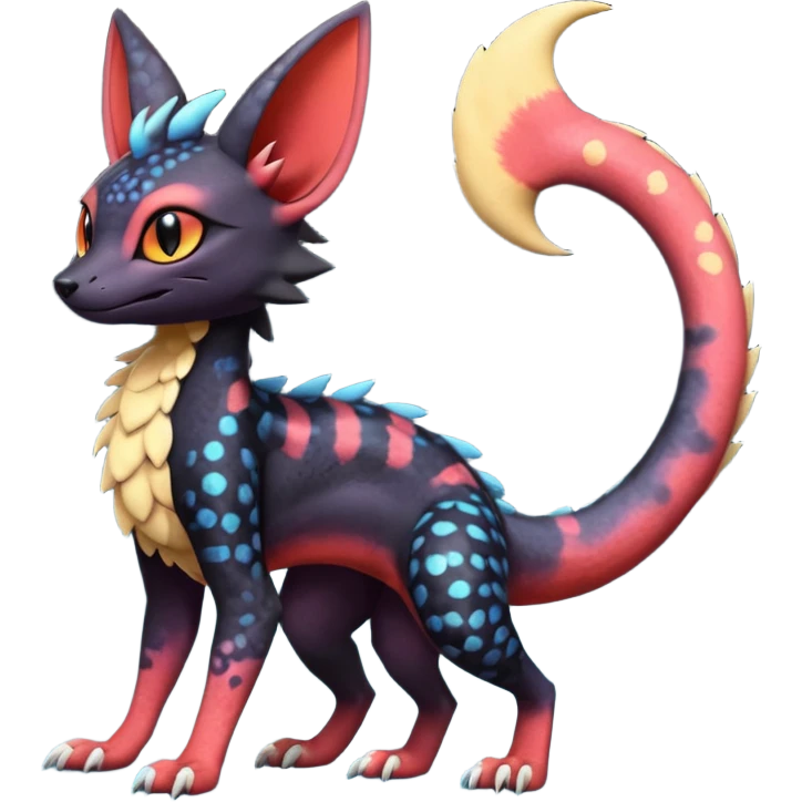 Dark magma-gradients-colored Salandit-Umbreon-Genet-Noivern-Noibat-Serval-Hybrid (Full body) emoji