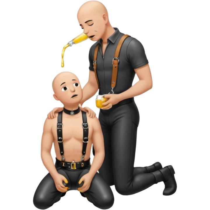 submissive bald man on his knees in a black leather harness standing man in leather, pouring piss down his throat emoji