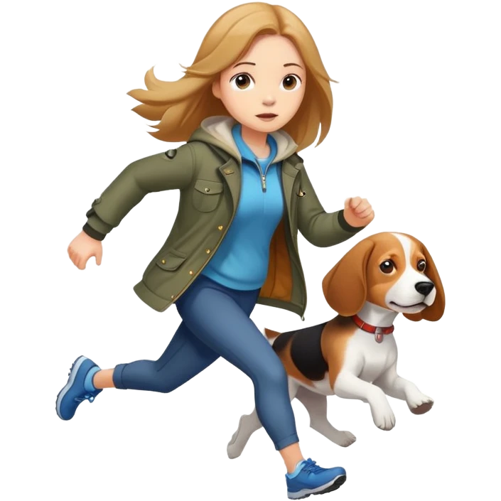 A beautiful girl with fair skin and long hair wears a jacket and runs with a beagle emoji