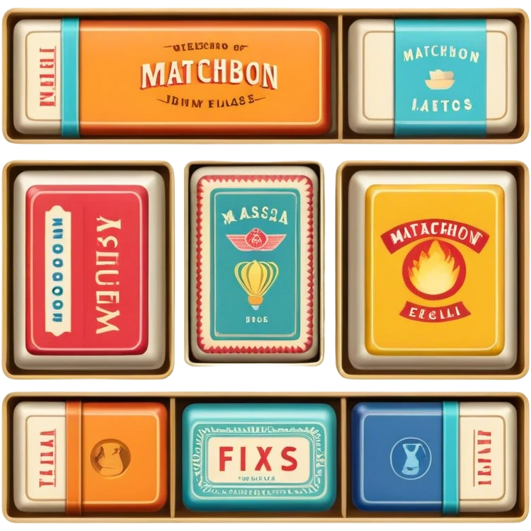 Icon for Matchbox Collecting: a collection of vintage and colorful matchboxes from different places, neatly displayed in a row or in a display case. The icon should reflect the uniqueness and diversity of matchbox collecting. Transparent background. emoji