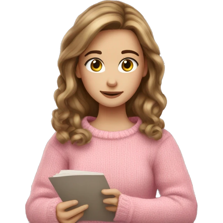 Pretty white girl with brown hair pink sweater reading cozy emoji