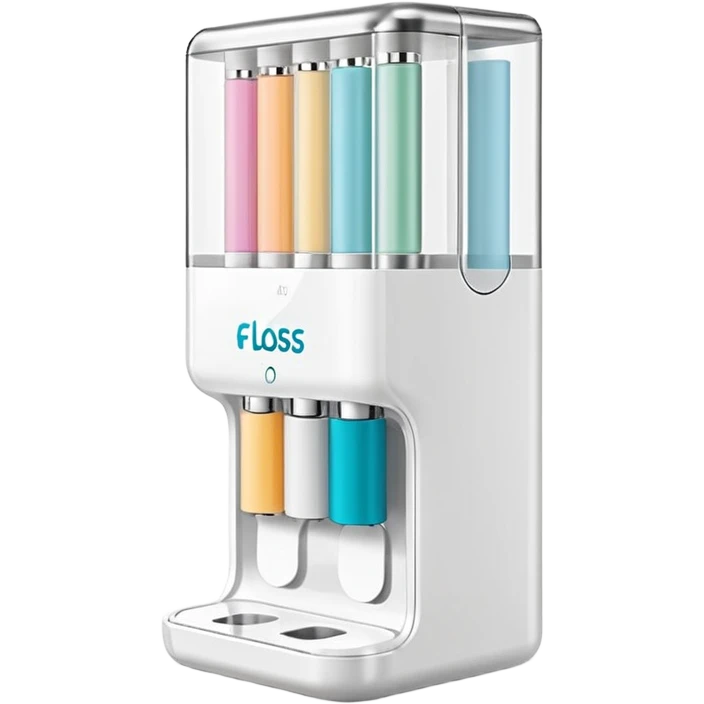 compact upright floss dispenser with sleek modern shape, semi-transparent colored window revealing spool inside, fine strand of floss extending outward, smooth ergonomic white casing with bright accent color, no branding, no teeth, no extras, soft lighting, subtle shadows, emoji scale emoji