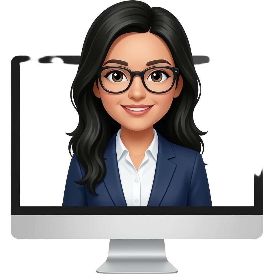 femme, cheveux longs noirs à lunette, tenue blouse blazer qui regarde un écran d'ordinateur emoji