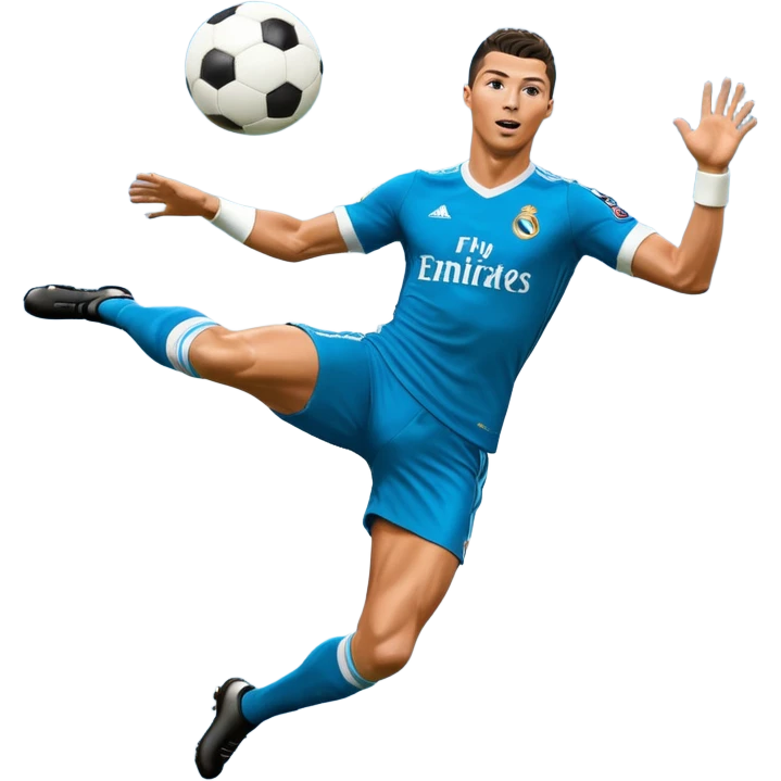 Ronaldo doing a bicycle kick with football in mid air While wearing a Retro blue Real madrid kit and yes i want it to be exactly the same as he Scored it in 2018 vs Juventus  emoji