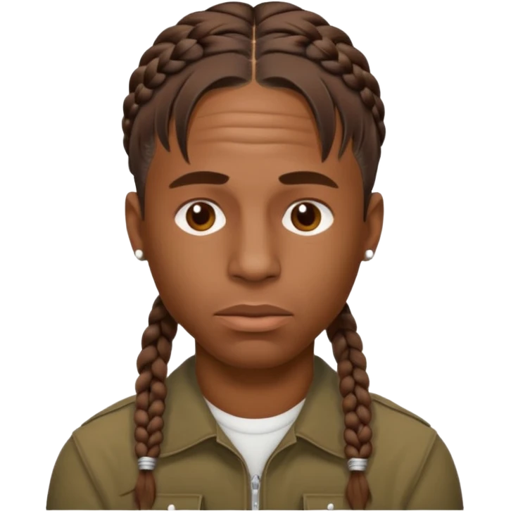 Create an iOS-style emoji of Travis Scott. Neutral facial expression, front-facing head only. Braided hair. Clean Apple emoji style, smooth shading, simple shapes, plain background. emoji
