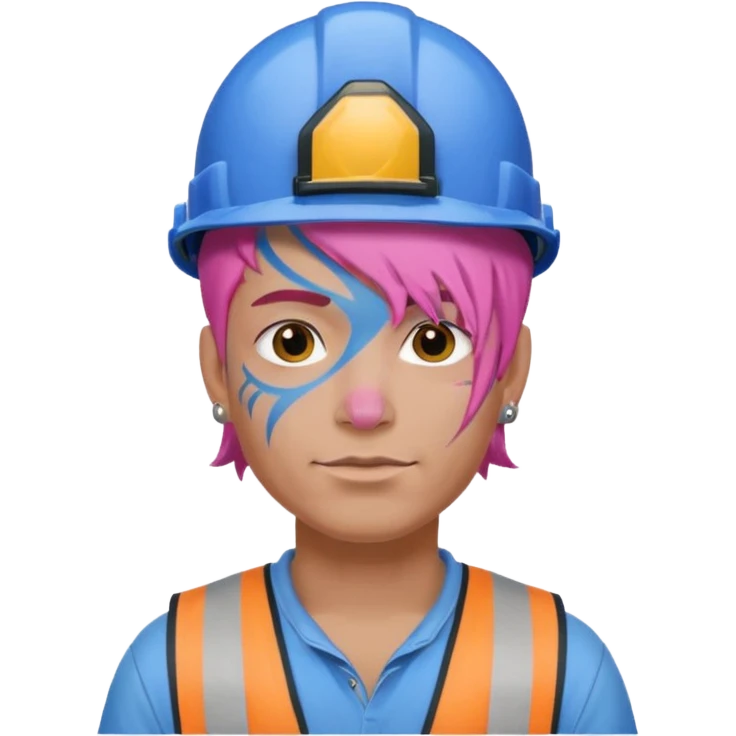 construction worker man pink hair, blue helmet and face tattoo emoji