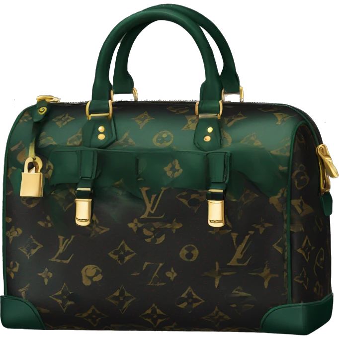 Black Designer Louis Vuitton bag with dark green monogram and dark green trim and gold details emoji