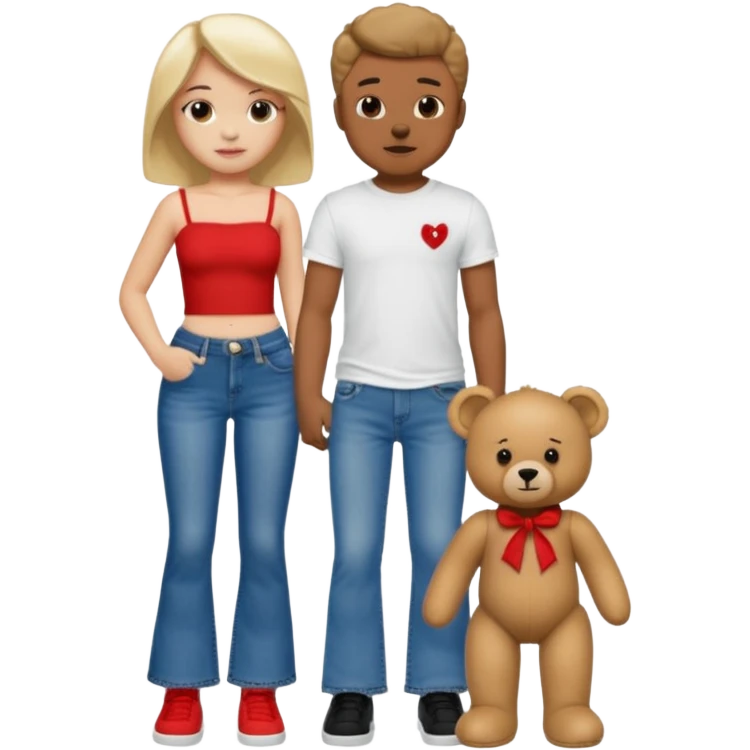 A boy and a girl teddy bear for the boy bear put on true religion shirt and jeans with black shoes and for the girl put flare jeans and a red tube top and white shoes just bears not the humans  emoji