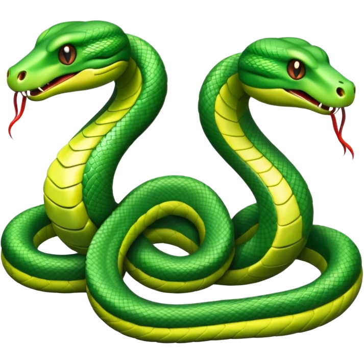 Two green snakes tangled at their tails, facing each other, hissing emoji