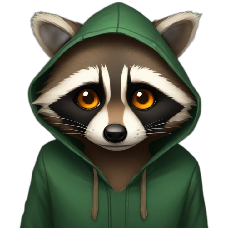 brown raccoon with orange eyes and a dark green hood that is sad emoji