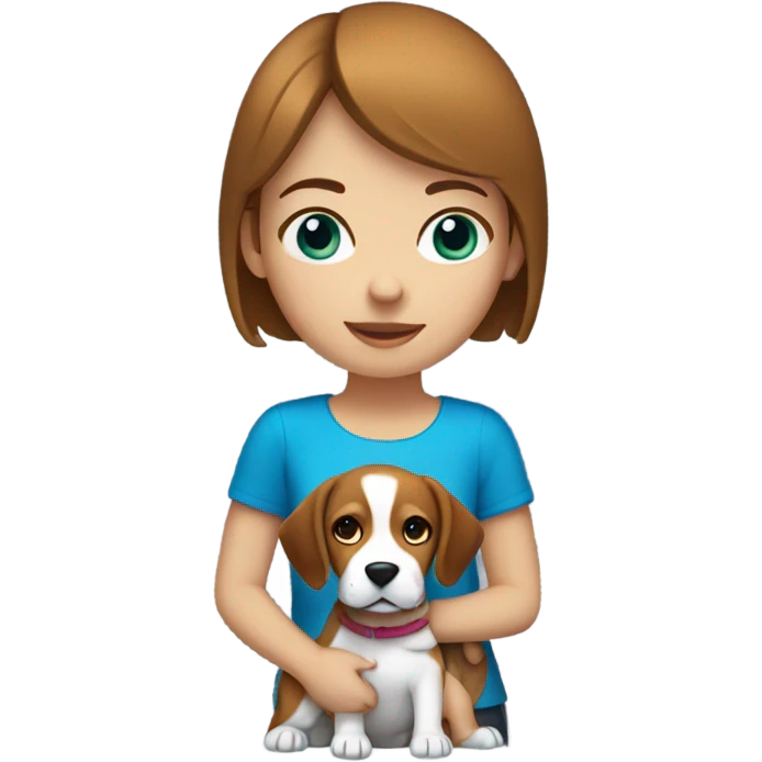girl with brown short hair and blue eyes holding a beagle emoji