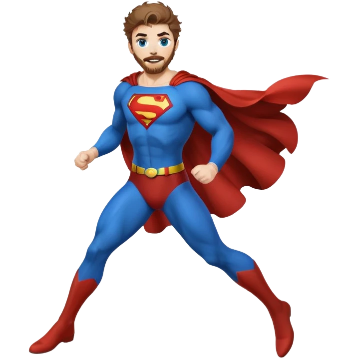 flying superman，full body, blue eyes, Irish redish messy hair, trimmed facial hair emoji