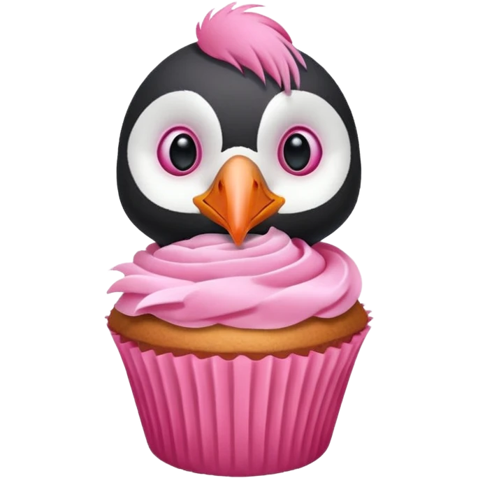pink head feathers puffin that is pink, eating a muffin that is pink emoji