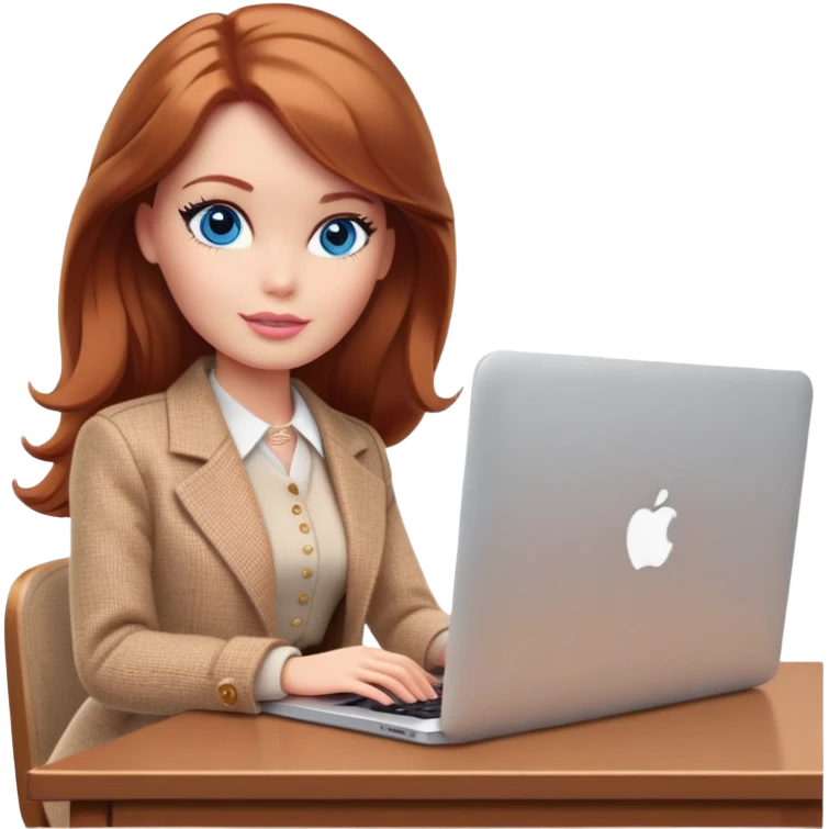 A Barbie girl with blue eyes, shoulder-length reddish-brown hair, made-up, wearing a beige tweed jacket and a beige skirt, is sitting with a MacBook emoji
