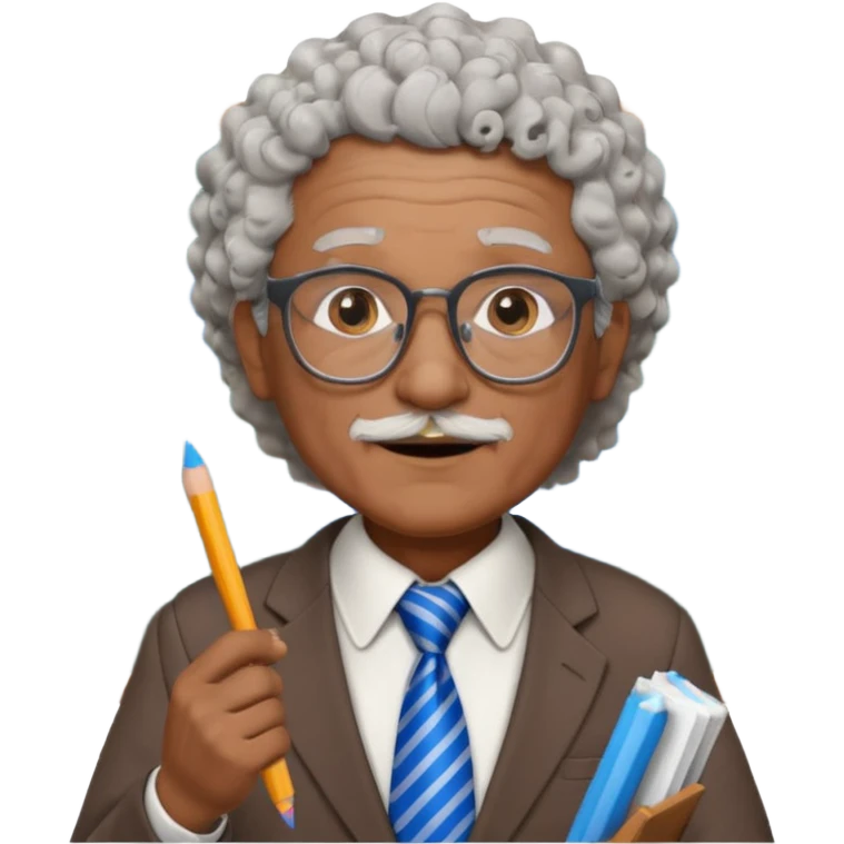 old man teacher, brown skin, curly grey white hai, wearing glasses, brown suit, blue tie hold chalk on hand emoji