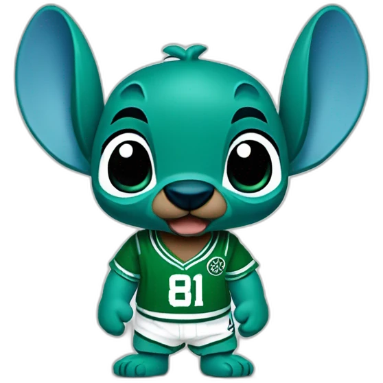 stitch from lilo and stitch wearing green boston celtics jersey emoji