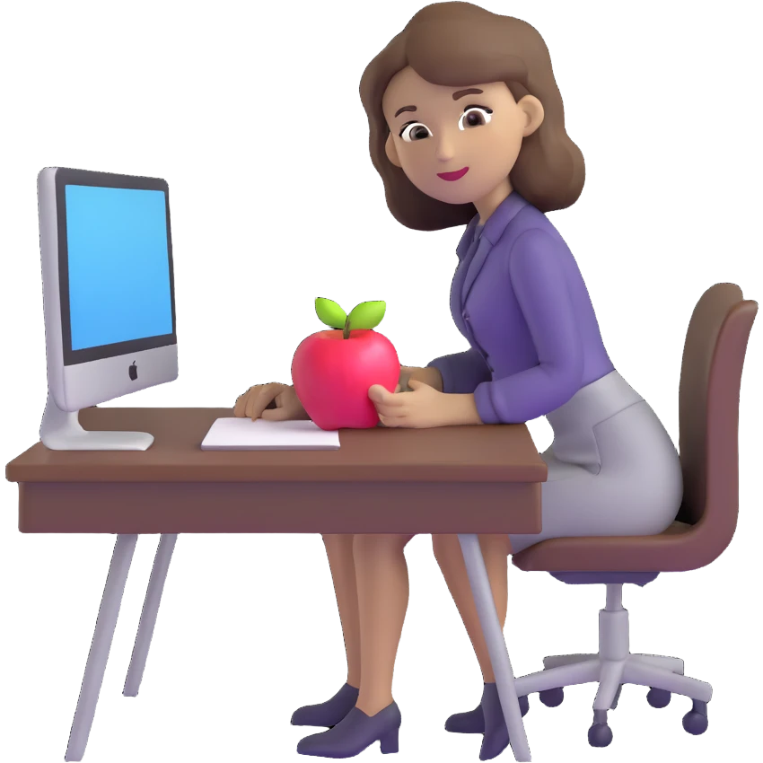 woman English teacher with brown hair, at a desk with an apple emoji