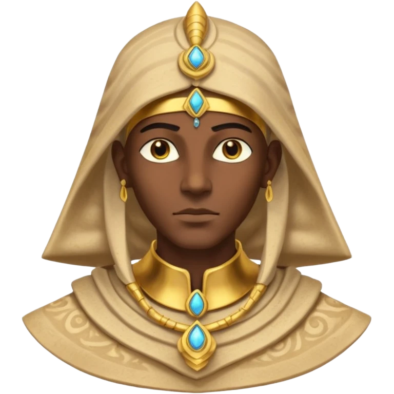 ancient pharaoh sand mage portrait, head and shoulders only, Egyptian-inspired hood collar, gold ornaments, mystical sand swirl, glowing eyes, 3D cartoon, mobile game icon style, clean background, no text, no watermark
 emoji