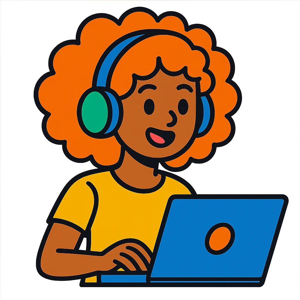 vibrant toon style curly hair girl with headphones and a laptop emoji