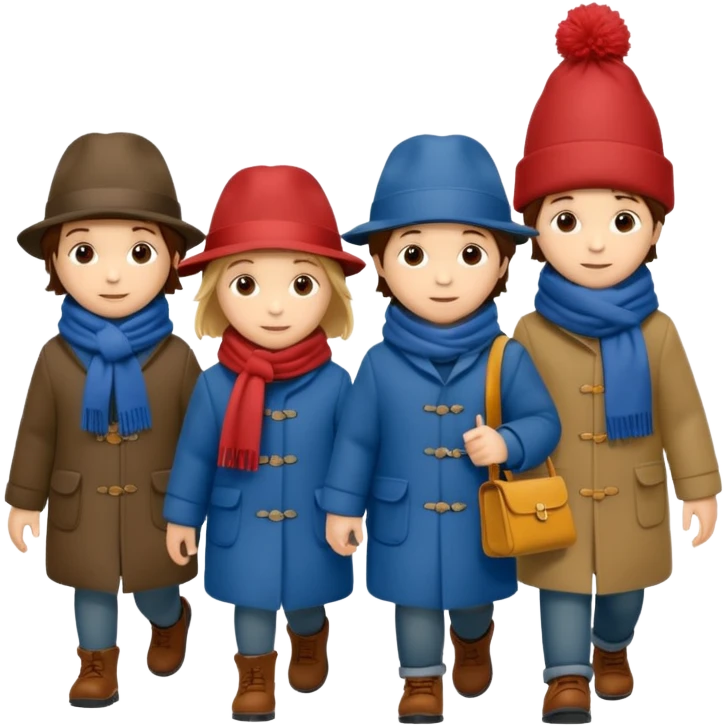 A group of school children walking to a movie theater in winter, inspired by Paddington Bear emoji