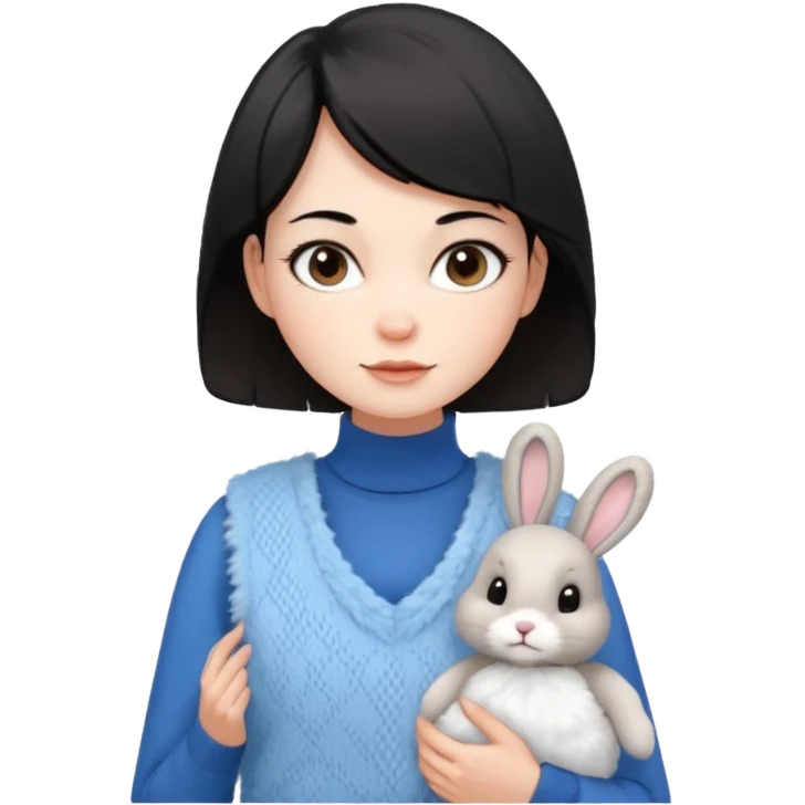 make a girl hair short black and wear bunny skin pale ok and wear Sweater vests blue and make little bit a younger emoji