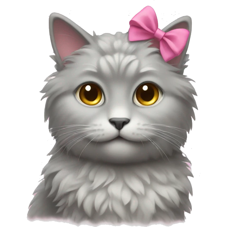 Gray fluffy cat wearing a pink bow emoji
