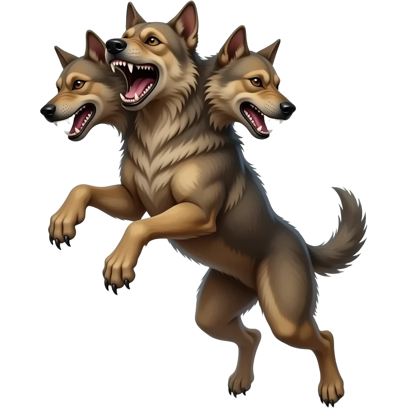 cinematic - cerberus, a three-headed creepy hellhound in a jump, in a smoke emoji