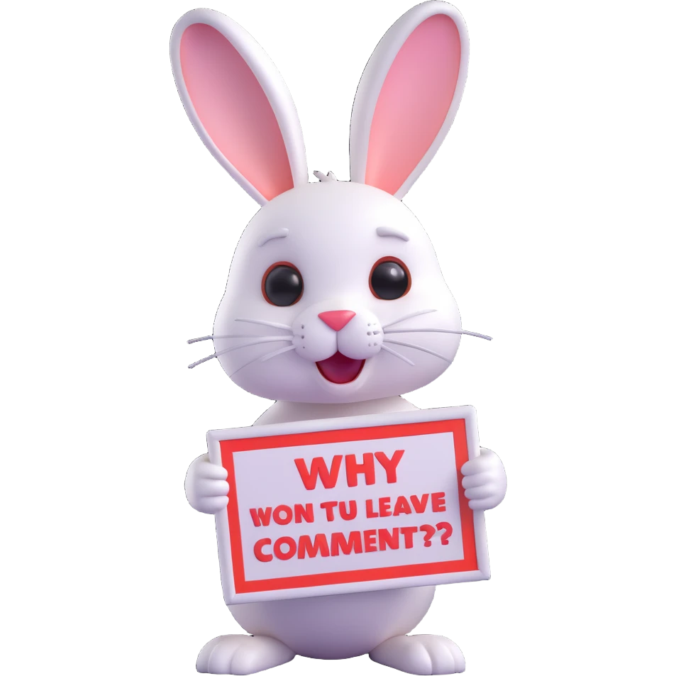 cute 3D bunny, looking sad, holding a sign that says 'Why don't you come to my website and leave me a comment?', charming and modern style emoji