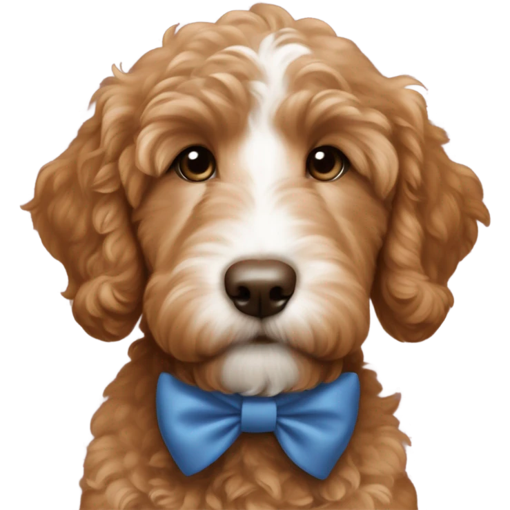 Red brown goldendoodle puppy white nose and chest blue bow in ear  emoji