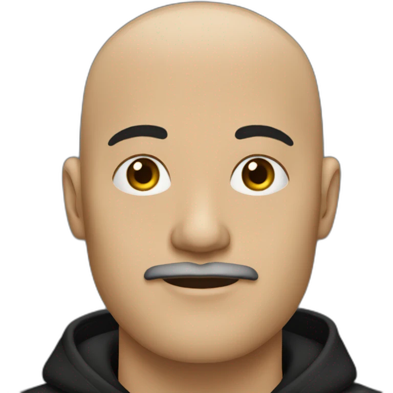 bald man with black (short) beard and no glasses in a black hoodie wearing a black cap emoji