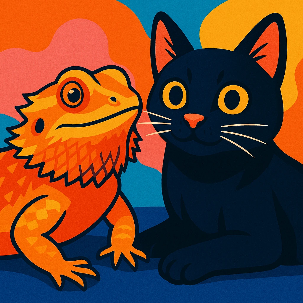 a bearded dragon and a black cat together, friendly, detailed, vibrant toon style emoji