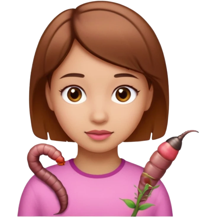 a girl light skin with brown eyes, brown short hair and a worm emoji