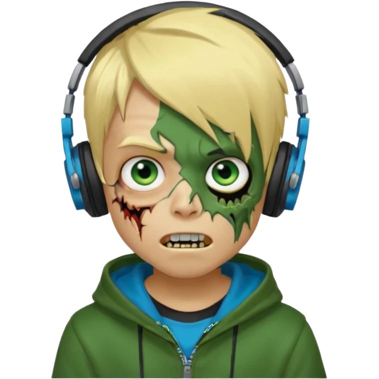 boy zombie whit blonde emo hair and eyes blue and GREEN SKIN and heandphones AND A MICROFONE AND GOLD TEETH and agesive face and the hoodie black emoji