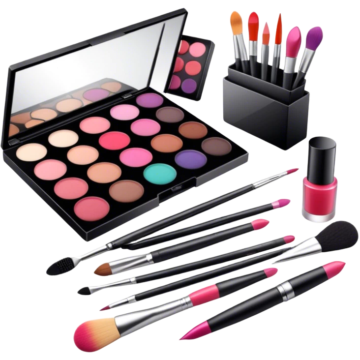 icon featuring professional makeup brushes, a high-quality lipstick, a big sleek eyeshadow palette, a makeup sponge and a set of tools like tweezers and eyeliner pencil. The design highlights the precision and artistry of makeup with detailed textures and realistic lighting. Transparent background. emoji