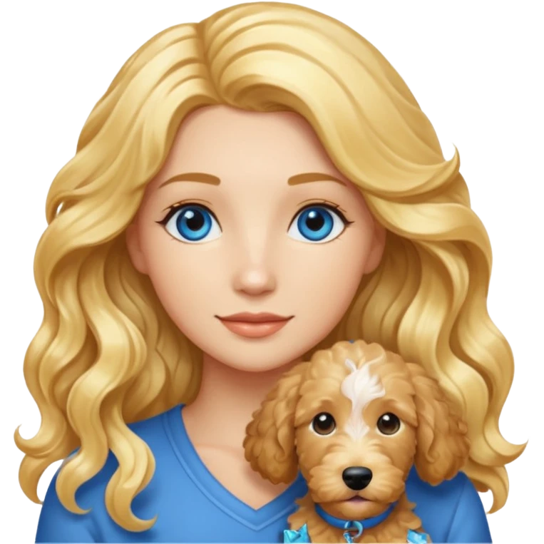 Long blonde hair, blue eyed woman with wavy blond goldendoodle emoji