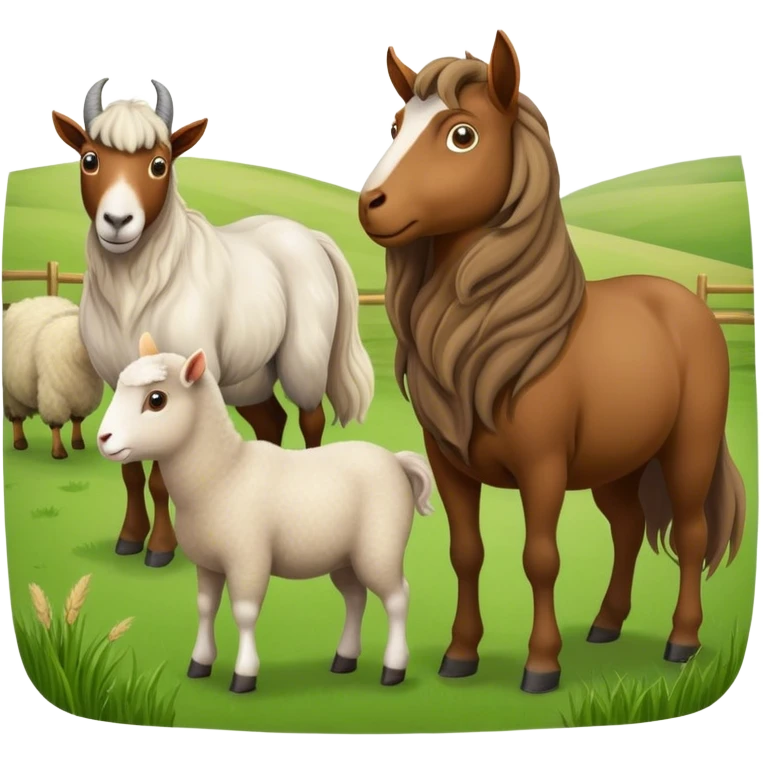 Icon for Domestic Hooved Animals: A gentle collage featuring a horse with a flowing mane, a brown goat with large, curious eyes, a calm sheep with soft wool. Background with a green pasture and a few hay bales. Transparent background. emoji