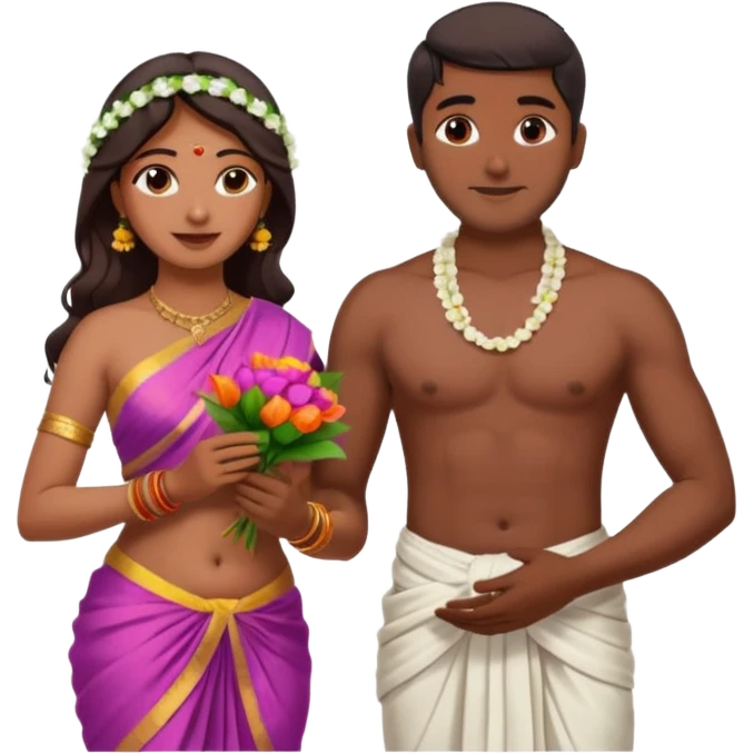 indian woman in saree and indian man in dhoti (shirtless) exchanging flower garlands  emoji