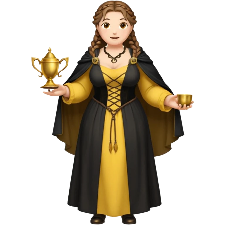 Helga Hufflepuff,brown-haired,2 braids,yellow-black medieval open dress,deep neckline,fat macromastia,black cloak decorated with gold braiding,gold cup with two handles,very kind smile,curvy busty sweet woman,round rosy cheeks,full length with medieval shoes emoji