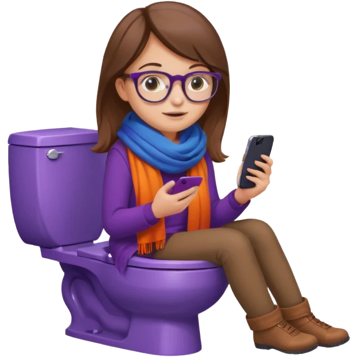 Fille châtain peau blanche avec lunettes. Elle porte une grosse écharpe violette, bleu et orange. Elle assise dans une cuvette de toilette. Téléphone en main. Realiste emoji