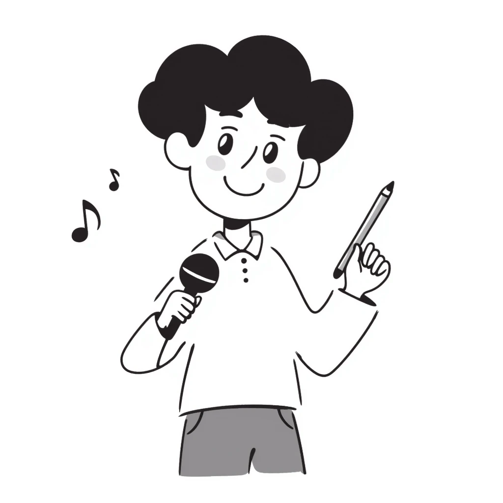 excited happy musician smiling, holding a microphone in one hand and a pencil in the other hand emoji