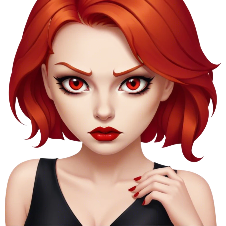 a beautiful very angry woman with red hair and red eyes. The woman wear a black little cutted dress. She have red lipstick and she have a seductive look. Angry face emoji