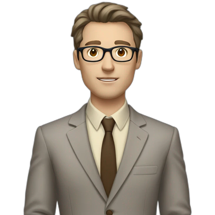 Full height Gesticulating Pale skinned fit man with dark brown hair in gray jacket, beige office shirt, brown tie, brown pants and vintage glasses. emoji