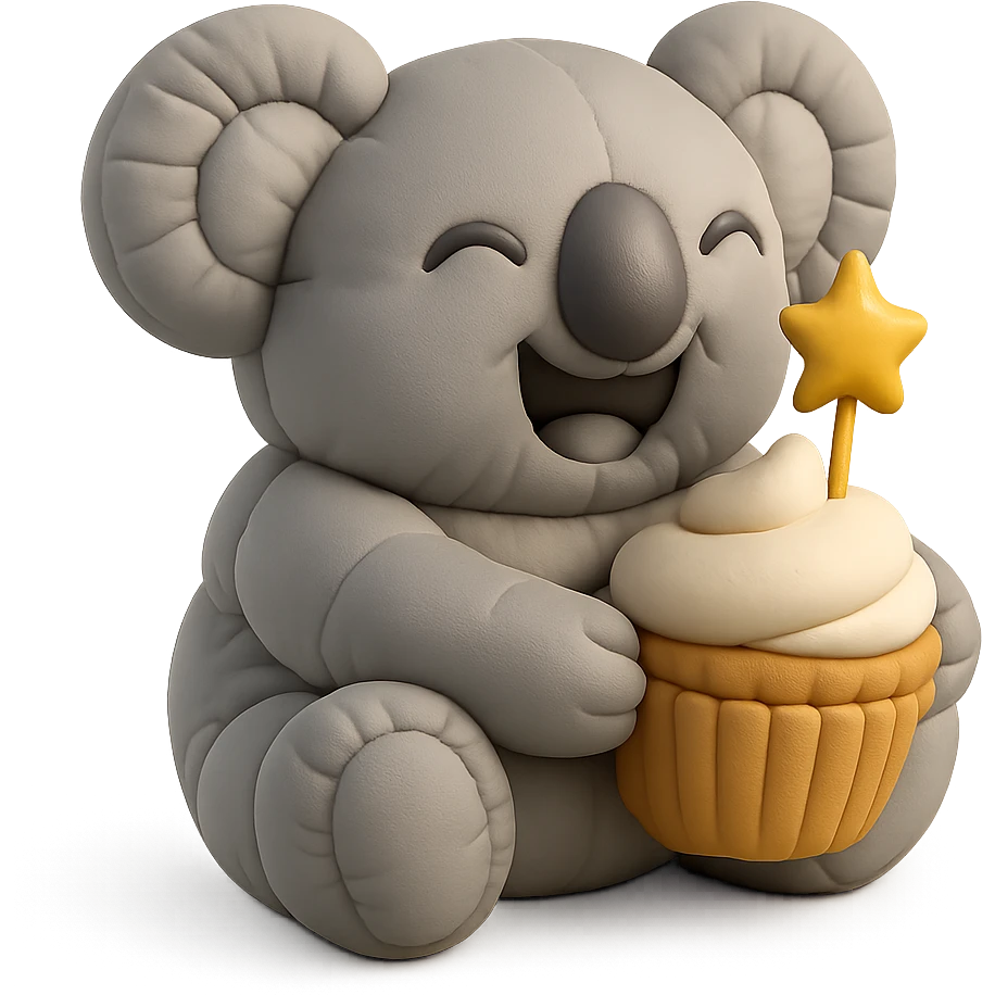 laughing koala holding cupcake with star candle, cushion style emoji
