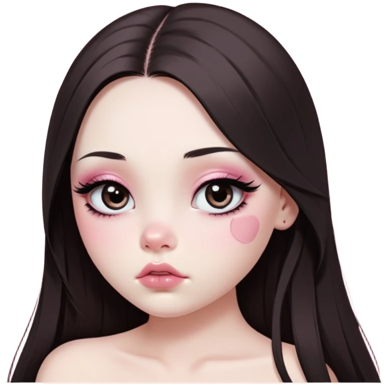 girl with white skin, dark brown long realistic straight hair with middle part prominently falling in front of her body over her shoulders, very big pouty extra shiny lips with absolutely no cupid's bow, big round eyes with very black shiny eyeballs and huge eyelashes, no eyeshadow, pink blush on cheeks, lighter button nose, extremely long oval-shaped face, wearing a pink off-shoulder top, looking directly at camera with hands down at sides emoji