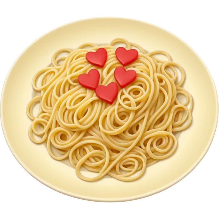 loose tangle of pale yellow cooked spaghetti with soft glossy texture and natural curves, strands slightly twisted and overlapping, freshly prepared dish, no bowl or chopsticks. Add tiny read hearts on the spaghetti emoji